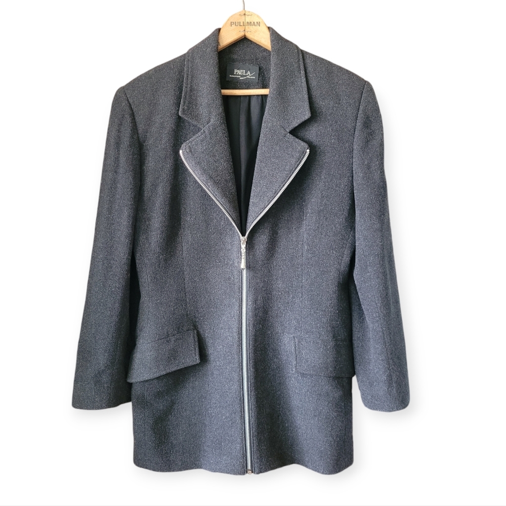 Vintage Cashmere Blend Long Line Blazer 90s Minimalist charcoal grey small